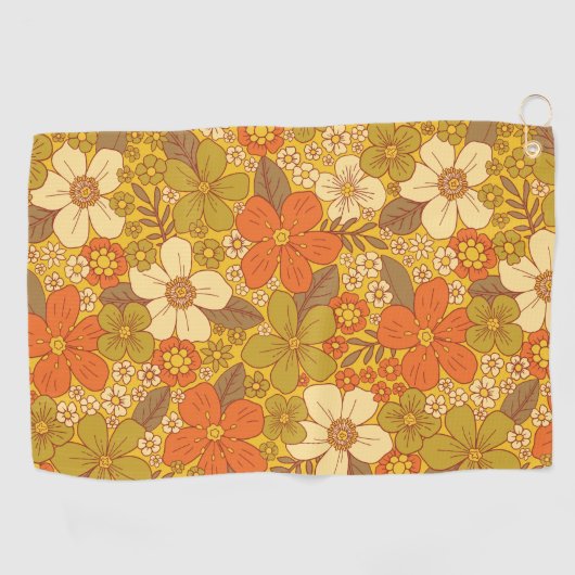 Retro 60s/70s Oranje en Olijfgroene Floral Golfhanddoek (Horizontaal)