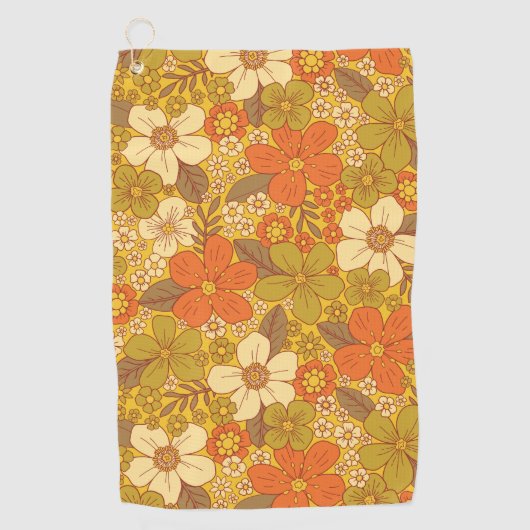 Retro 60s/70s Oranje en Olijfgroene Floral Golfhanddoek (Voorkant)