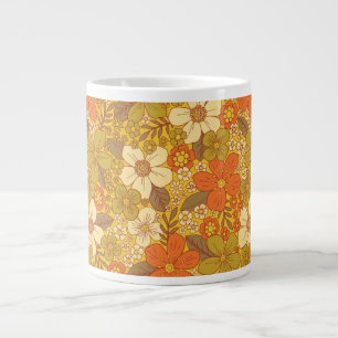 Retro 60s/70s Oranje en Olijfgroene Floral Grote Koffiekop