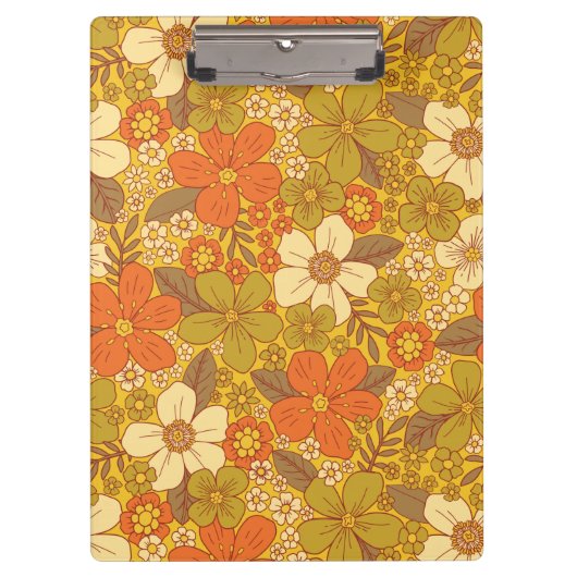 Retro 60s/70s Oranje en Olijfgroene Floral Klembord (Voorkant)
