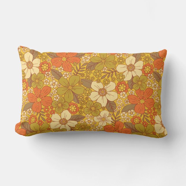 Retro 60s/70s Oranje en Olijfgroene Floral Kussen (Voorkant)