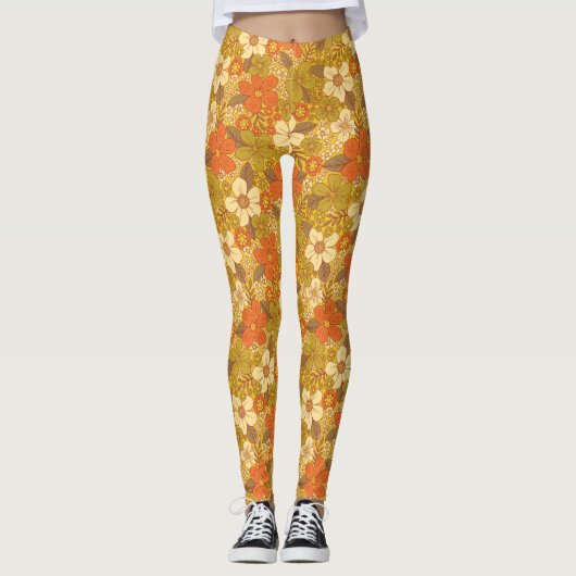 Retro 60s/70s Oranje en Olijfgroene Floral Leggings (Voorkant)