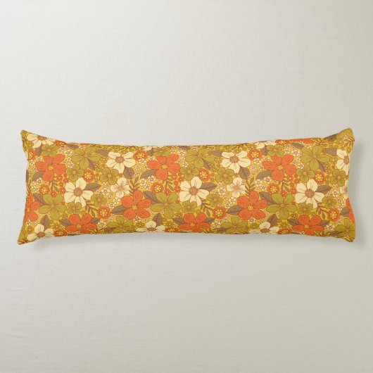 Retro 60s/70s Oranje en Olijfgroene Floral Lichaamskussen (Voorkant)