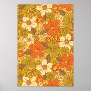 Retro 60s/70s Oranje en Olijfgroene Floral Poster