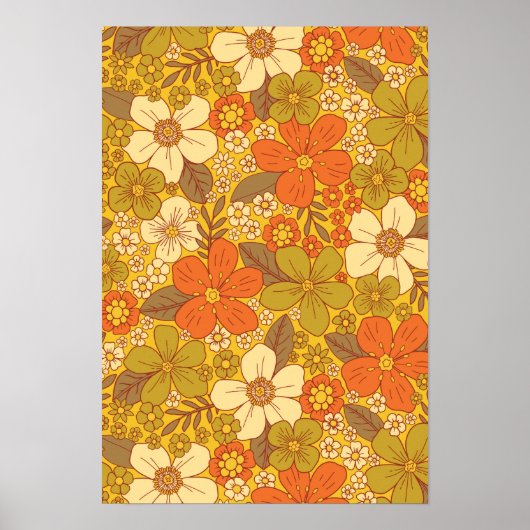Retro 60s/70s Oranje en Olijfgroene Floral Poster (Voorkant)