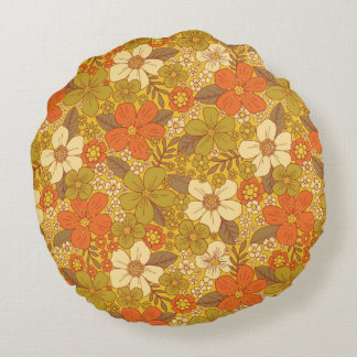 Retro 60s/70s Oranje en Olijfgroene Floral Rond Kussen