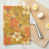 Retro 60s/70s Oranje en Olijfgroene Floral Theedoek (Quarter Fold)