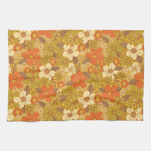 Retro 60s/70s Oranje en Olijfgroene Floral Theedoek (Horizontaal)
