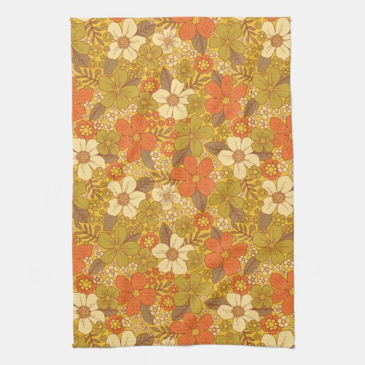 Retro 60s/70s Oranje en Olijfgroene Floral Theedoek (Verticaal)