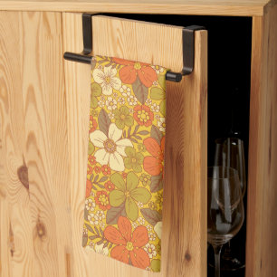 Retro 60s/70s Oranje en Olijfgroene Floral Theedoek