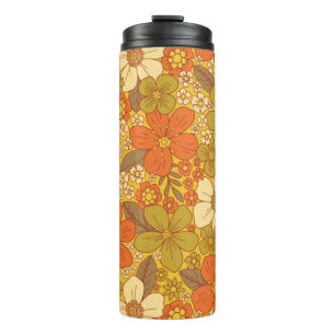 Retro 60s/70s Oranje en Olijfgroene Floral Thermosbeker