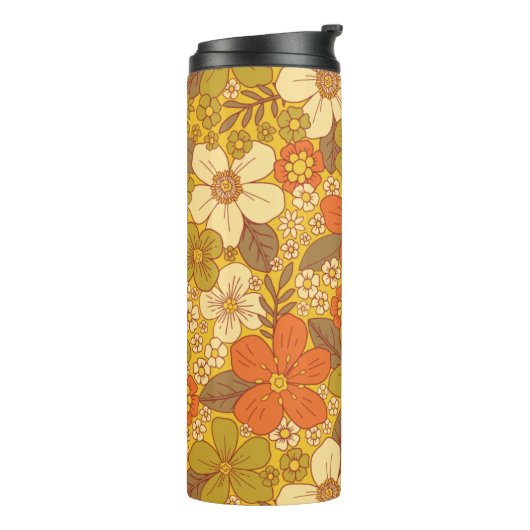 Retro 60s/70s Oranje en Olijfgroene Floral Thermosbeker (Gedraaid links)