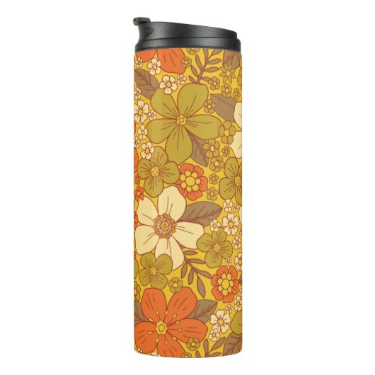 Retro 60s/70s Oranje en Olijfgroene Floral Thermosbeker (Geroteerd rechts)