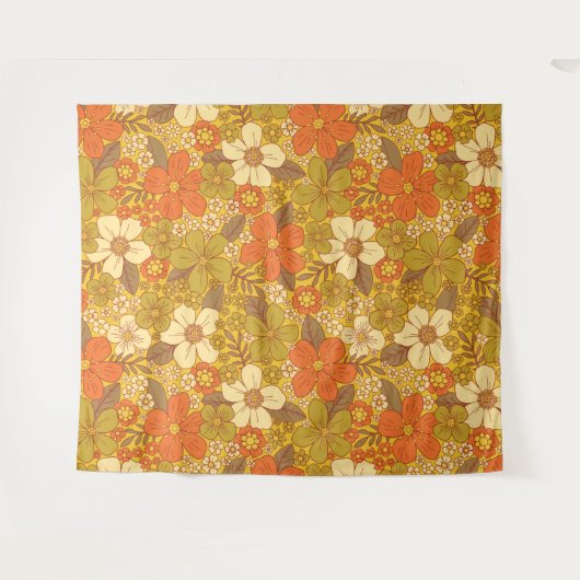 Retro 60s/70s Oranje en Olijfgroene Floral Wandkleed (Voorkant (horizontaal))