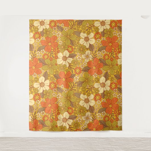 Retro 60s/70s Oranje en Olijfgroene Floral Wandkleed (Voorkant)