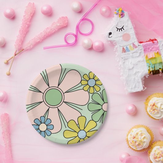 Retro 60s Bloemen Groovy Pastel Bloemen Papieren Bordje (Feest)