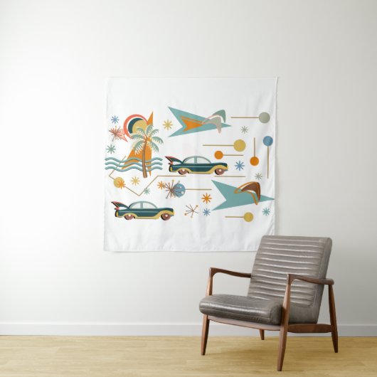 Retro 60s Car Trip naar het strand Wandkleed (In situ)