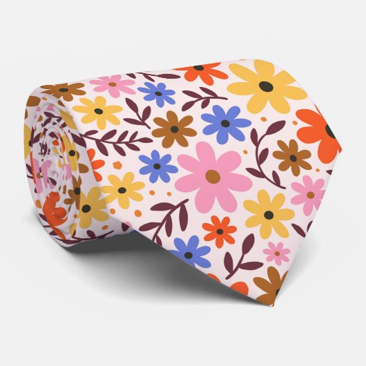 Retro 60s floral - daisy flowers in pink, orange stropdas (Opgerold)