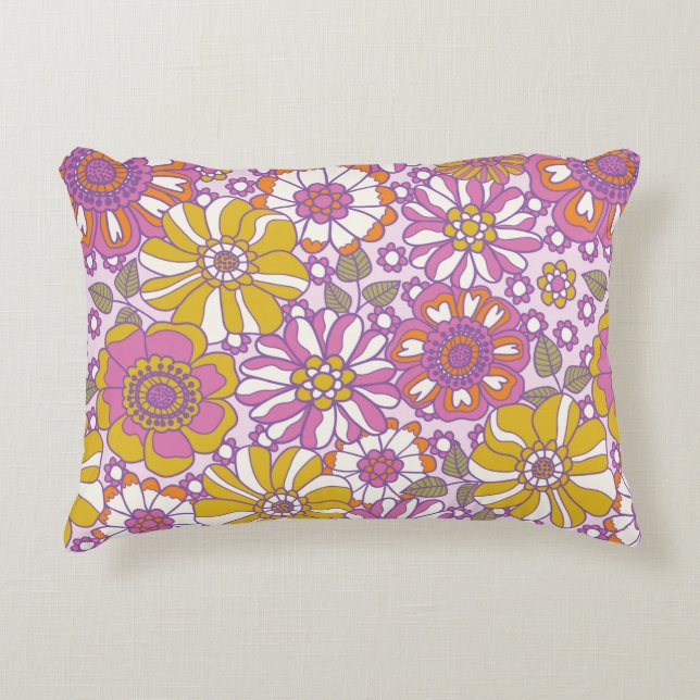 Retro 60s floral.  illustratiepatroon. accent kussen (Voorkant)