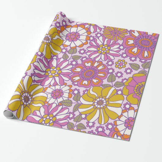 Retro 60s floral.  illustratiepatroon. cadeaupapier (Uitgerold)