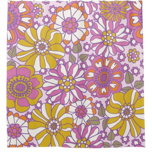 Retro 60s floral.  illustratiepatroon. douchegordijn (Voorkant)
