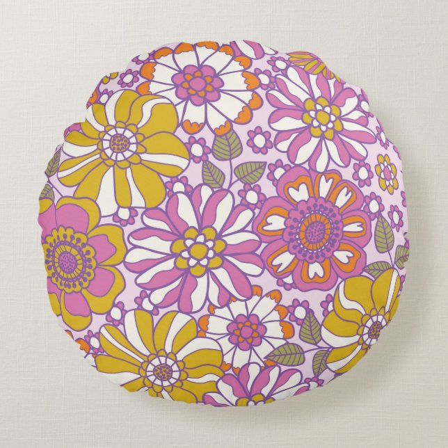Retro 60s floral.  illustratiepatroon. rond kussen (Voorkant)