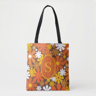 Retro 60s Floral Pattern van 70s met Initiaal Tote Bag