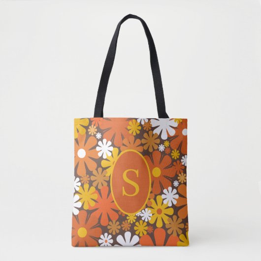 Retro 60s Floral Pattern van 70s met Initiaal Tote Bag (Voorkant)