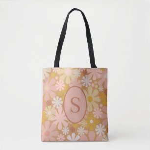 Retro 60s Floral Pattern van 70s met Initiaal Tote Bag