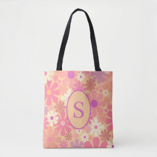 Retro 60s Floral Pattern van 70s met Initiaal Tote Bag