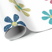 Retro 60s Flowers Gold Blue Red Glitter Sparkle Cadeaupapier (Rol Hoek)