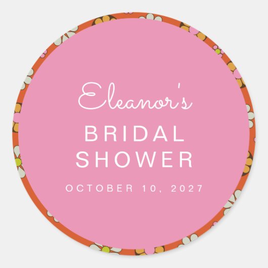 Retro 60s Flowers Sinaasappel Roze Vrijgezellenfee Ronde Sticker (Voorkant)