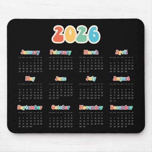 Retro 60s Hippie 2025 Zwarte kalender Muismat (Voorkant)
