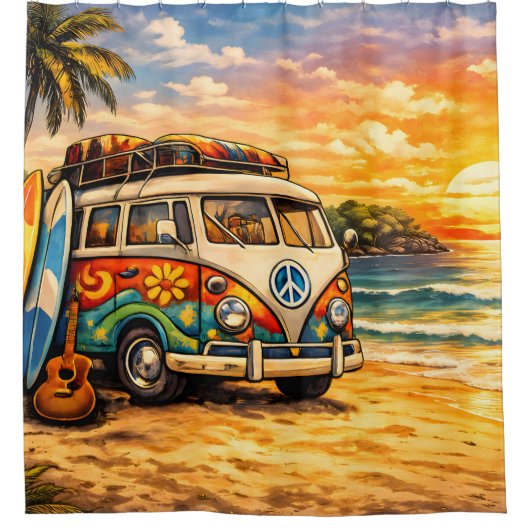 Retro 60s Hippie Beach Bus Sunset | Surf Van Life Douchegordijn (Voorkant)