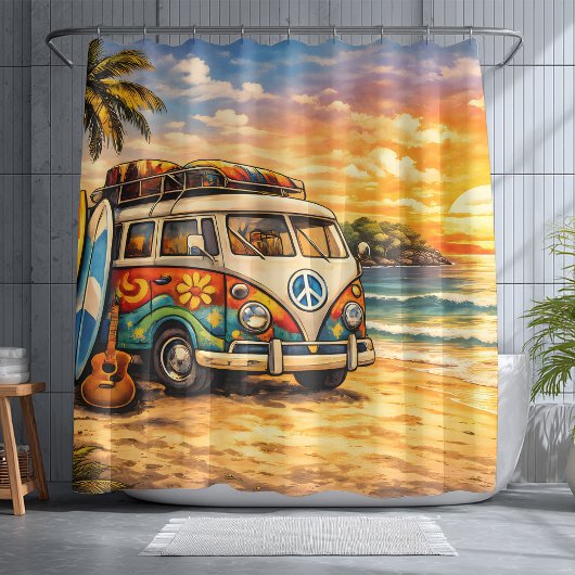 Retro 60s Hippie Beach Bus Sunset | Surf Van Life Douchegordijn