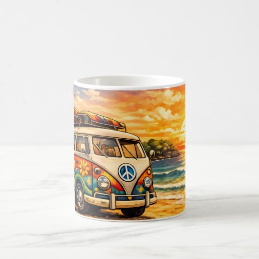 Retro 60s Hippie Beach Bus Sunset | Surf Van Life Koffiemok (Center)