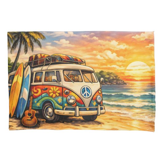 Retro 60s Hippie Beach Bus Sunset | Surf Van Life Kussensloop (Voorkant)