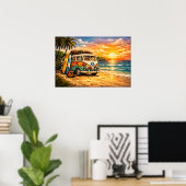 Retro 60s Hippie Beach Bus Sunset | Surf Van Life Poster (Thuiskantoor)