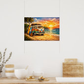 Retro 60s Hippie Beach Bus Sunset | Surf Van Life Poster (Keuken)