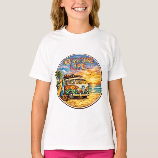 Retro 60s Hippie Beach Sunset Adventure Life Girls T-shirt (Voorkant)