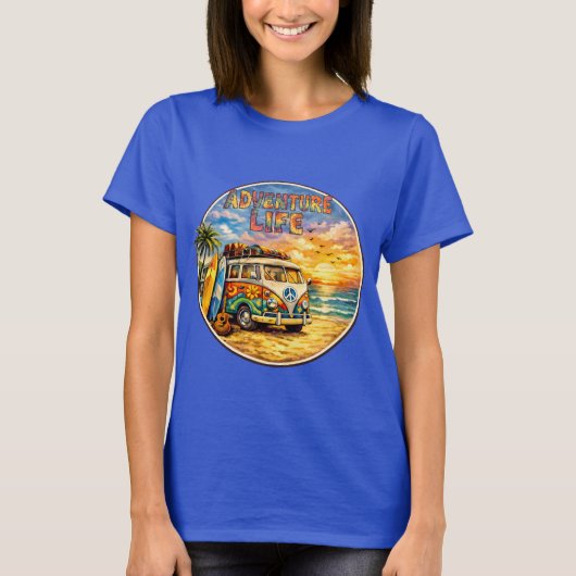 Retro 60s Hippie Beach Sunset | Adventure Van Life T-shirt (Voorkant)