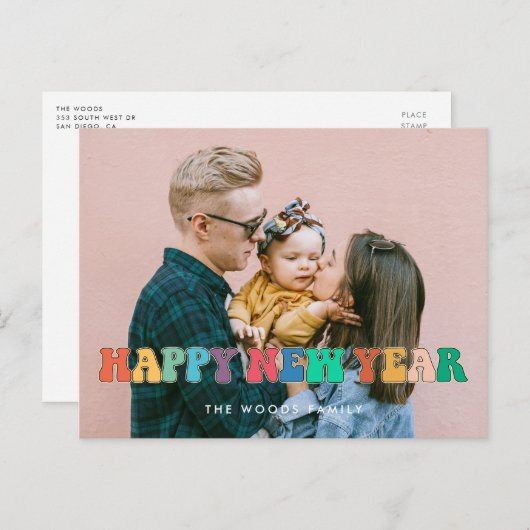 Retro 60s Hippie Fun Happy Nieuwjaar foto Briefkaart (Voorkant / Achterkant)