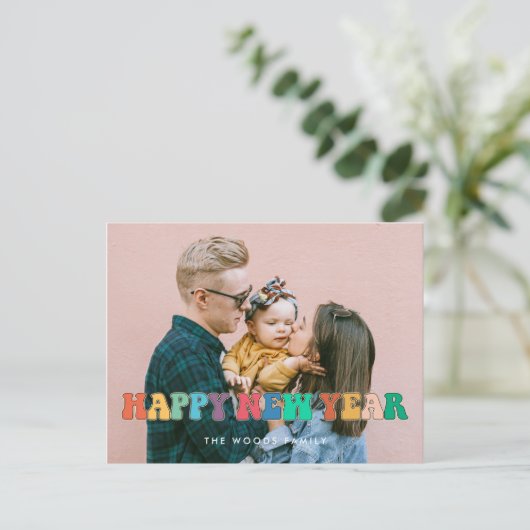 Retro 60s Hippie Fun Happy Nieuwjaar foto Briefkaart (Staand voorkant)