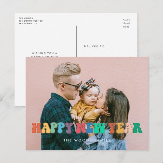 Retro 60s Hippie Fun Happy Nieuwjaar foto Feestdagenkaart (Voorkant / Achterkant)