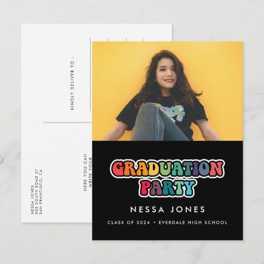 Retro 60s hippie leuke foto van afgestudeerfeest briefkaart (Voorkant / Achterkant)