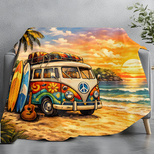 Retro 60s Hippie Strandbus Zonsondergang   Surf Va Fleece Deken