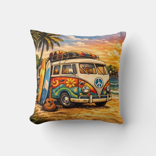 Retro 60s Hippie Surfer Beach Bus Sunset Surf Life Kussen (Voorkant)
