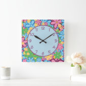 Retro 60s Paarse blauwe en gele bloemen Vierkante Klok (Huis)