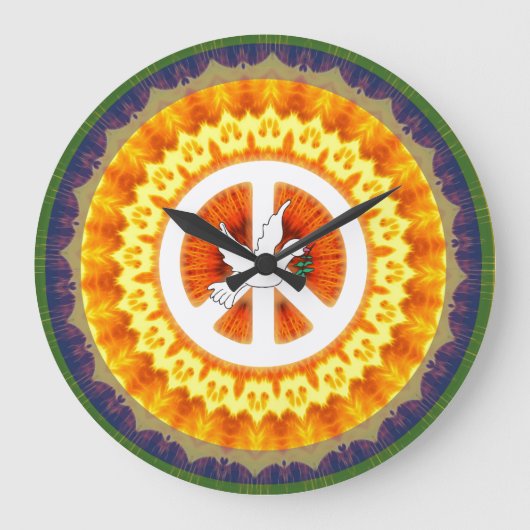 Retro 60s Peace Symbol White Dove Olive Branch Grote Klok (Voorkant)