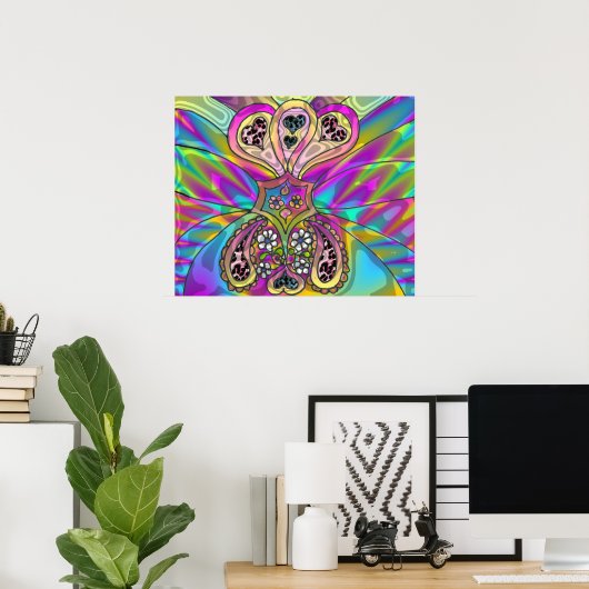 Retro 60s Psychedelic Hearts Flowers Print Poster (Thuiskantoor)